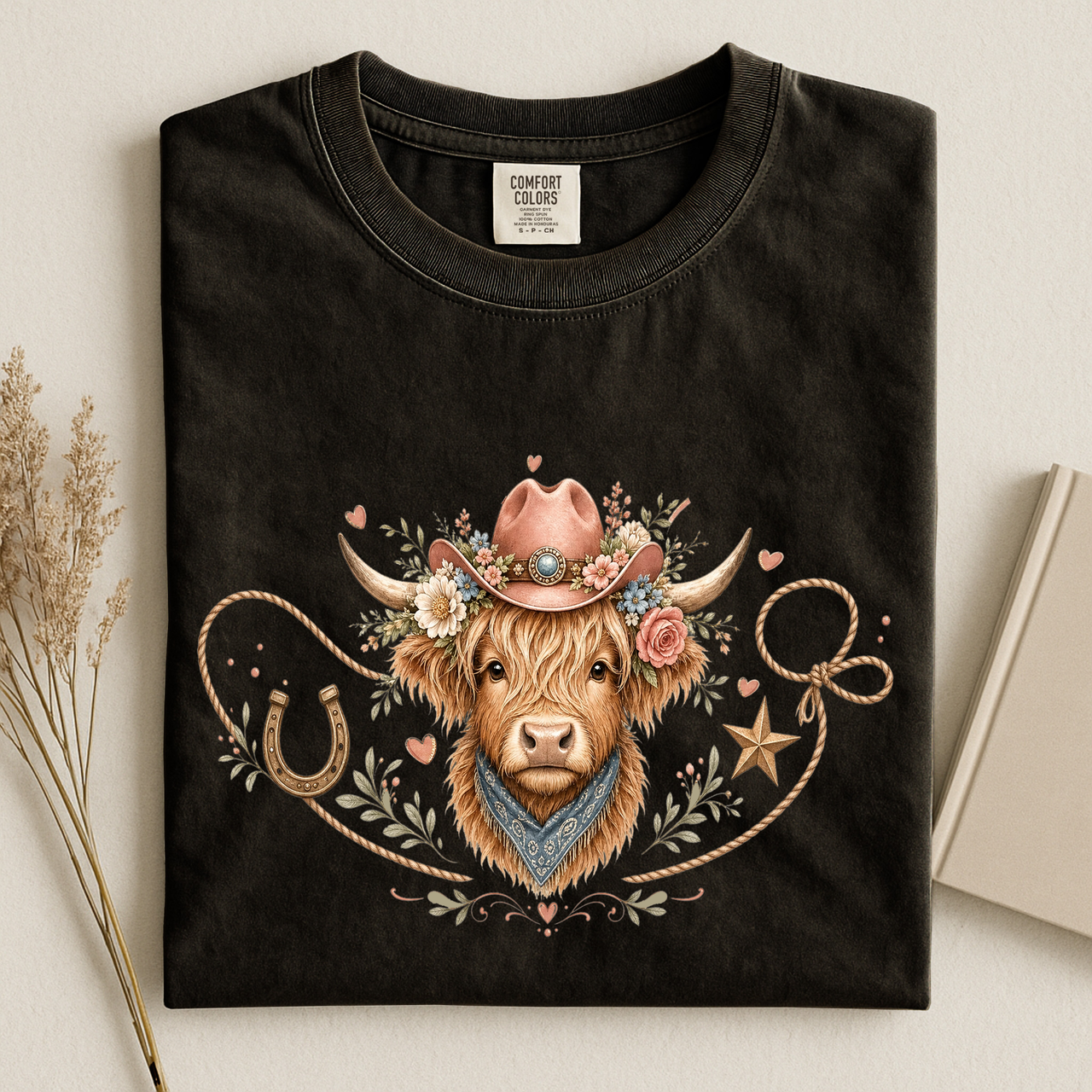 Highland Cow Cowboy T-Shirt – Western Cowgirl Floral Steer Graphic Tee