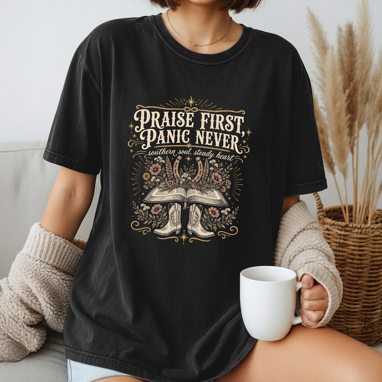 Praise First, Panic Never T-Shirt — Christian Faith Vintage Bible Tee