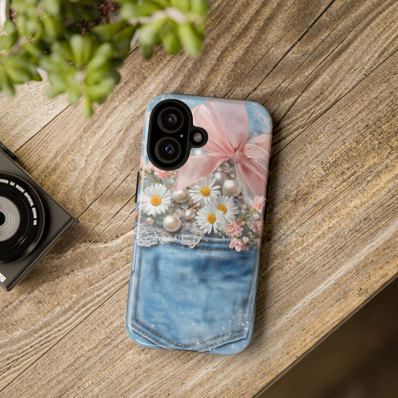 Floral Denim Pocket Tough Case — Daisy Bouquet Phone Case with Pink Bow