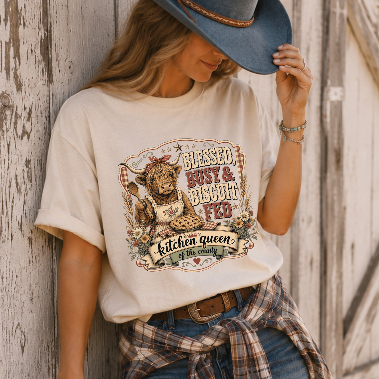 Kitchen Queen T‑Shirt — "Blessed, Busy & Biscuit Fed" Country Cowgirl Graphic Tee