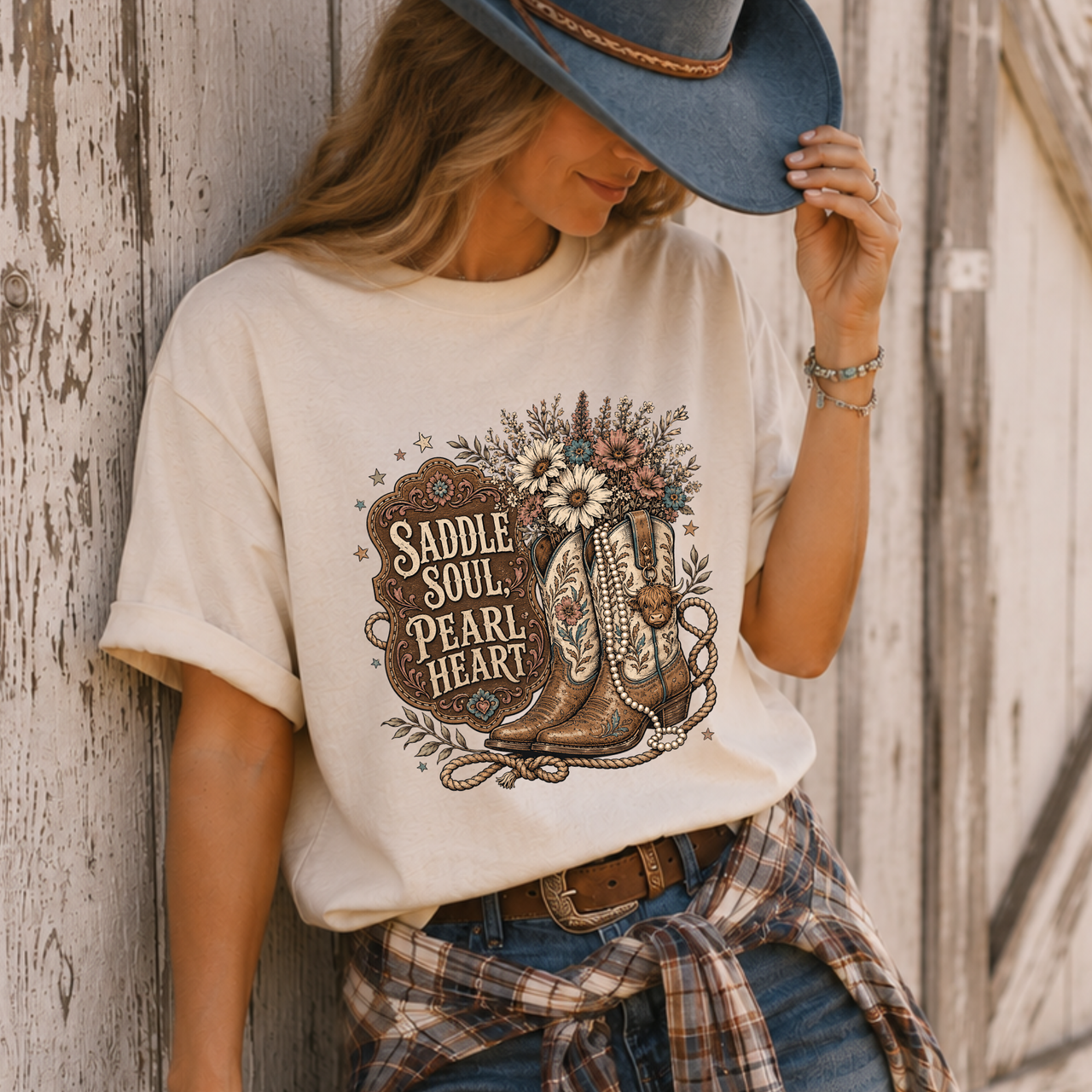 Cowgirl Boots 'Saddle Soul, Pearl Heart' T-Shirt