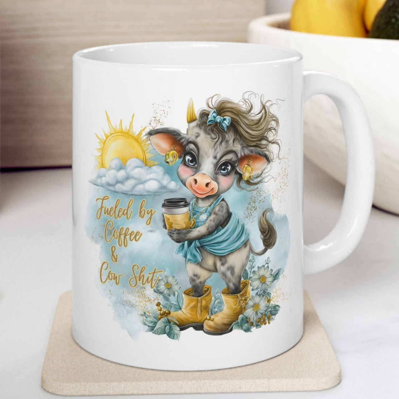Coffee Cow Ceramic Mug (11oz, 15oz) Fueled by Coffee and Cow Shit