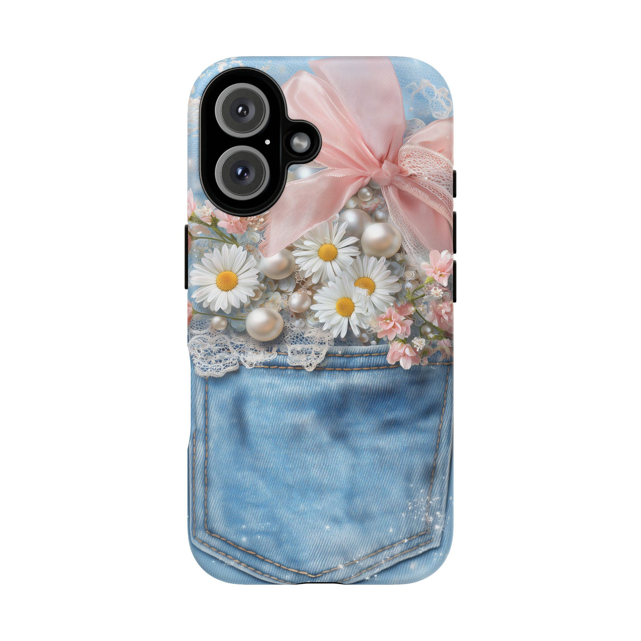 Floral Denim Pocket Tough Case — Daisy Bouquet Phone Case with Pink Bow