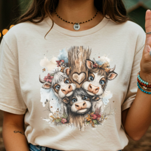 Cow Trio Floral Tee — Cute Watercolor Cows Graphic T-Shirt