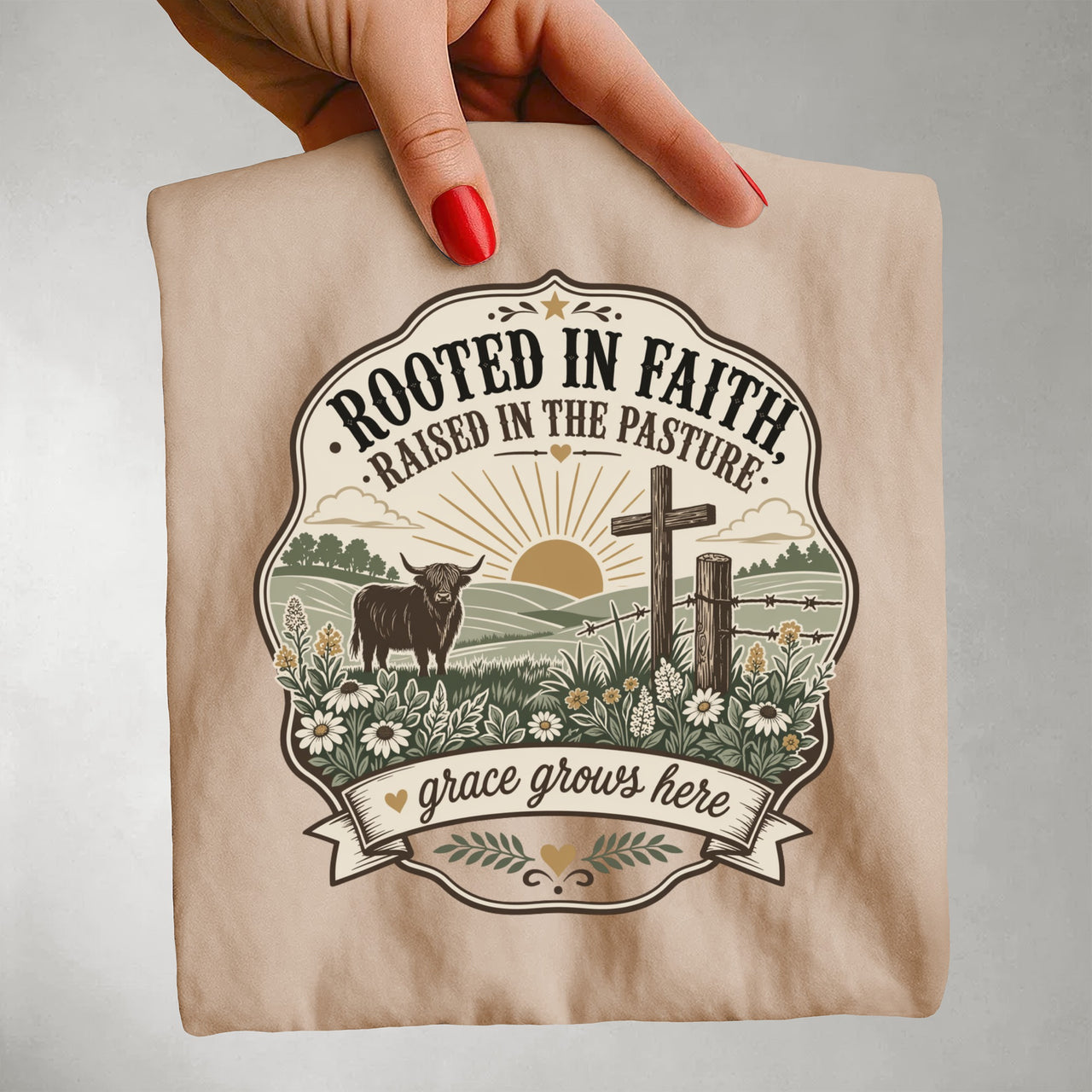 Rooted in Faith T-Shirt — 'Raised in the Pasture' Christian Ranch Tee