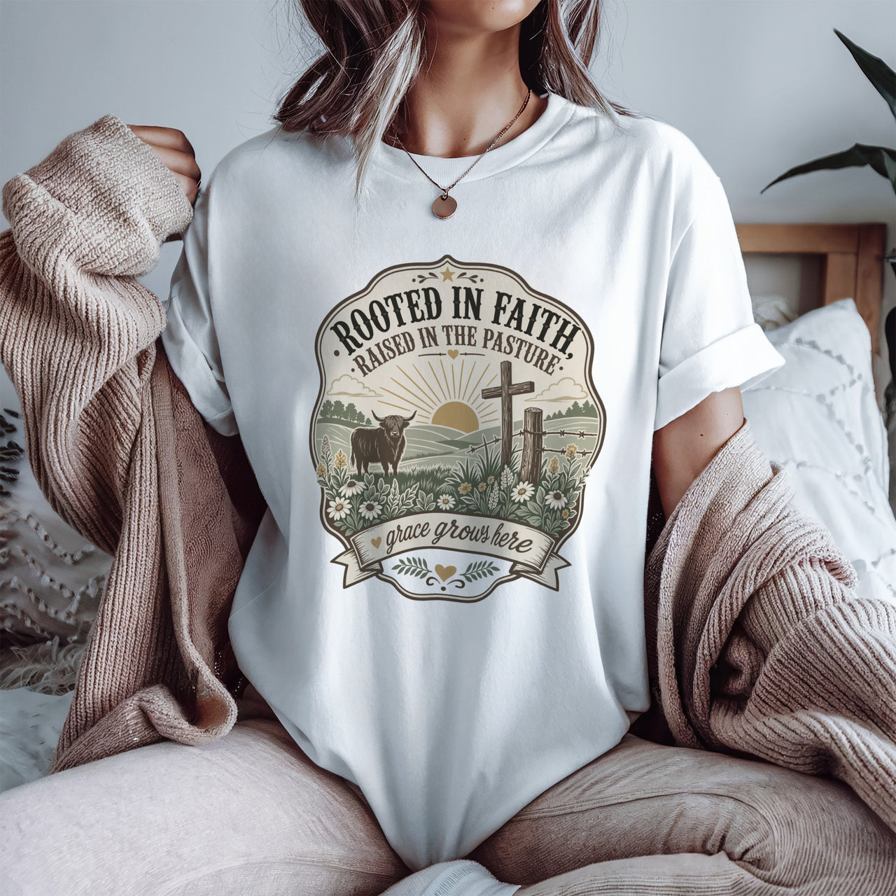 Rooted in Faith T-Shirt — 'Raised in the Pasture' Christian Ranch Tee