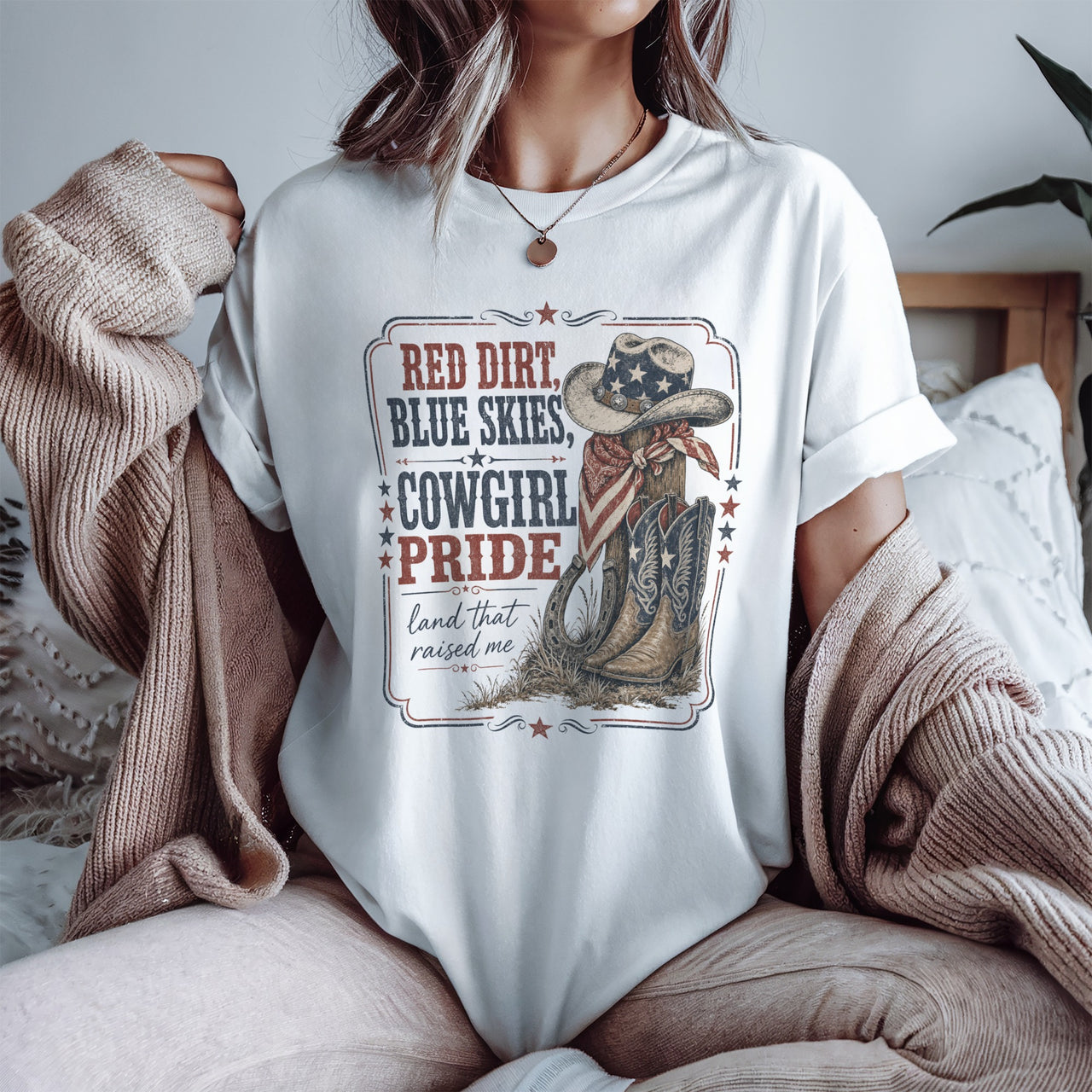 Cowgirl Pride T-Shirt — "Red Dirt, Blue Skies" Patriotic Western Tee