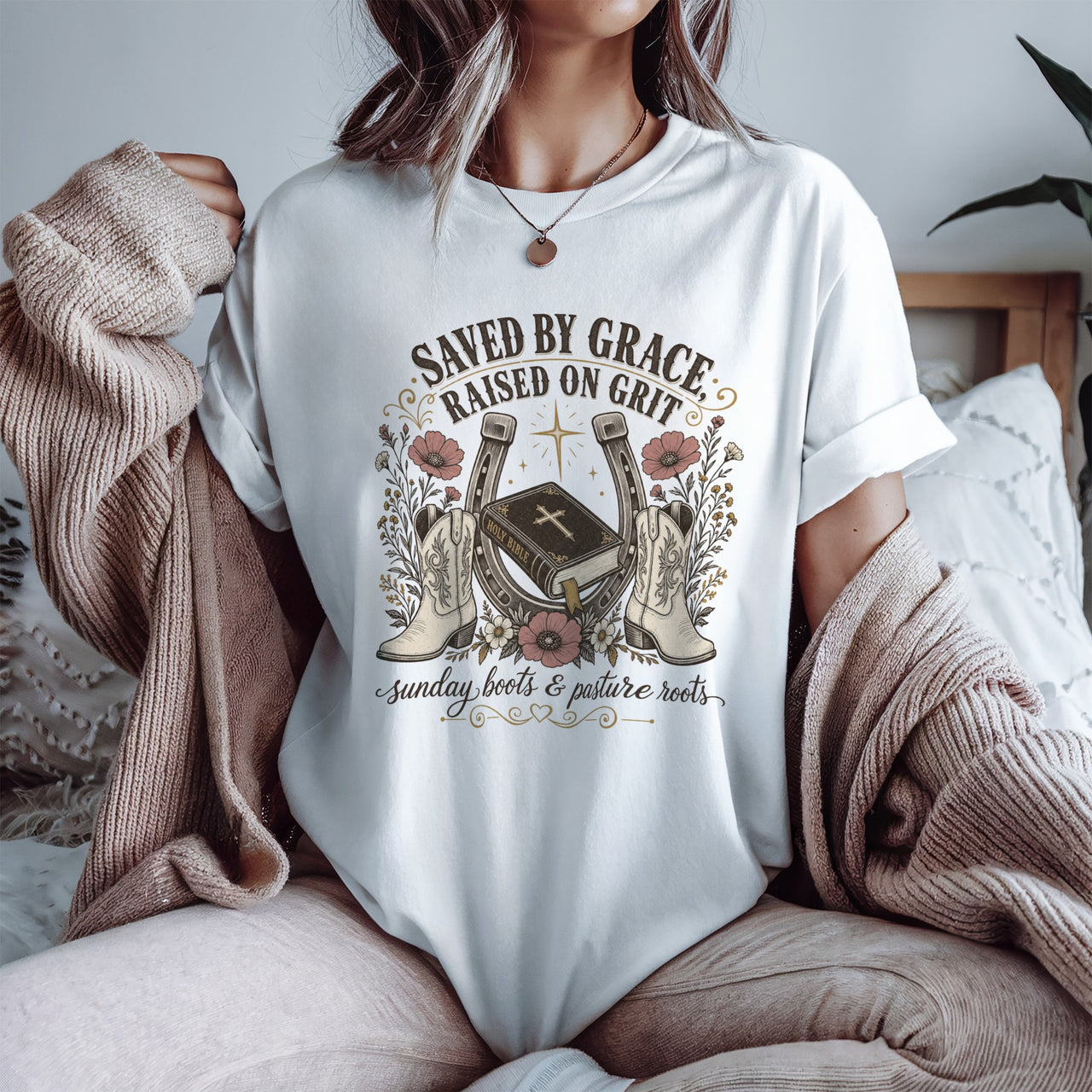 Saved by Grace, Raised on Grit" Christian Cowboy Tee