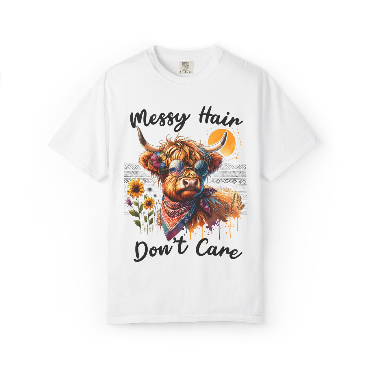 Messy Hair Don’t Care Cow T-Shirt — Cute Highland Cow Graphic Tee for Animal Lovers