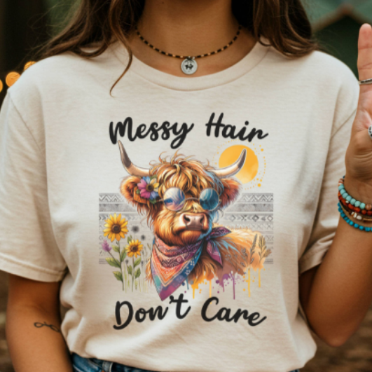 Messy Hair Don’t Care Cow T-Shirt — Cute Highland Cow Graphic Tee for Animal Lovers
