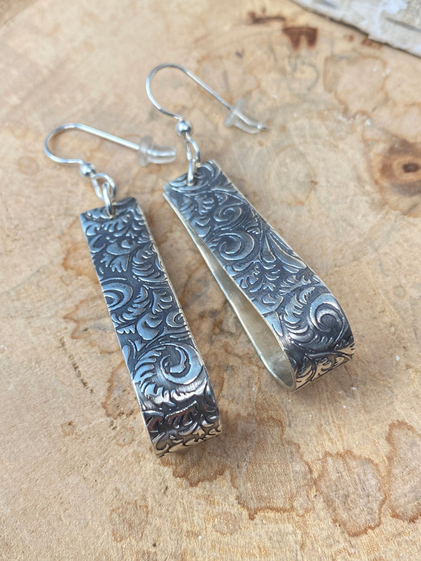 Sterling hoop earrings tooled leather