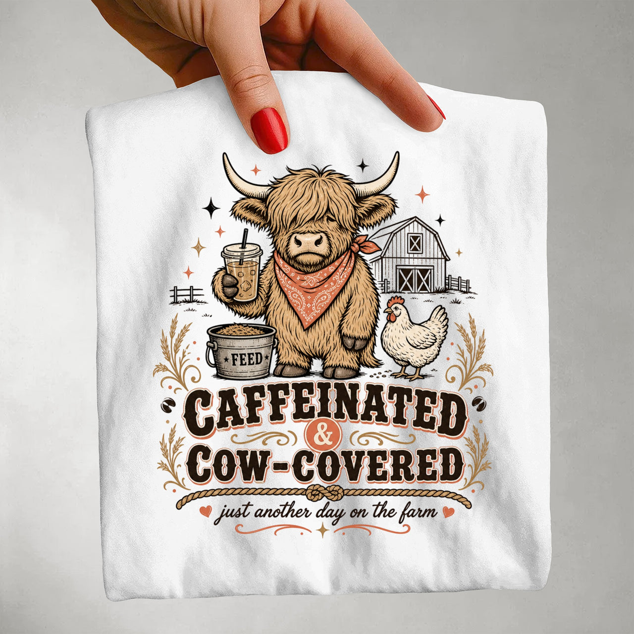 Caffeinated And Cow Covered Farm Life Shirt