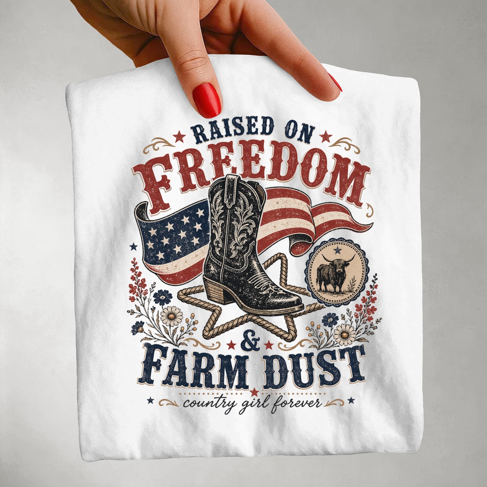 White t-shirt with 'Raised on Freedom & Farm Dust' design held by a hand.