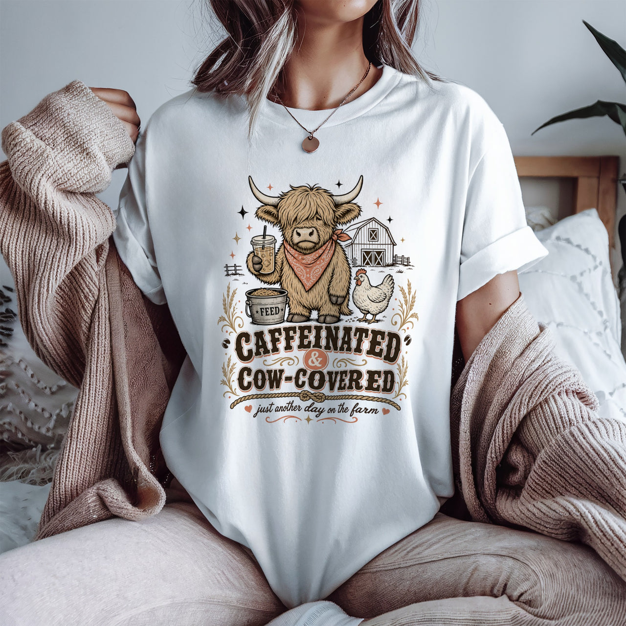 Caffeinated And Cow Covered Farm Life Shirt