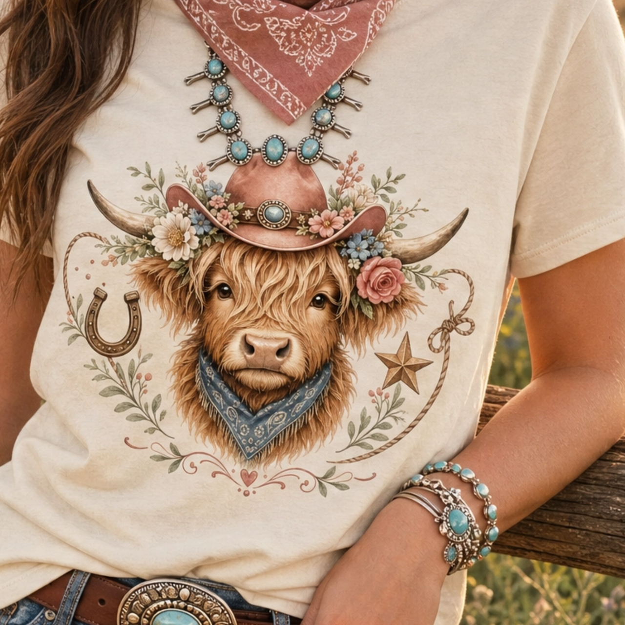 Highland Cow Cowboy T-Shirt – Western Cowgirl Floral Steer Graphic Tee