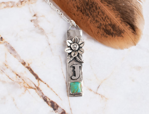 Vertical Initial Necklace with Flower