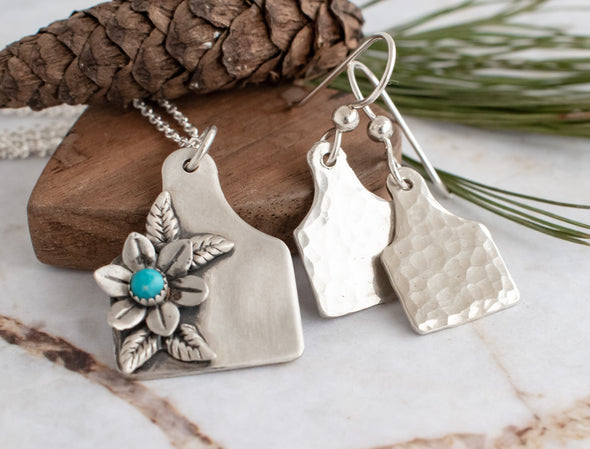 Cattle Tag Necklace And Tiny Cow Ear Tag Earrings Bundle