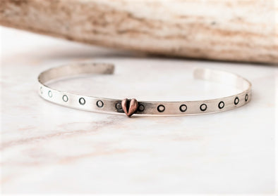 Tiny Heart Cuff Bracelet Silver and Copper