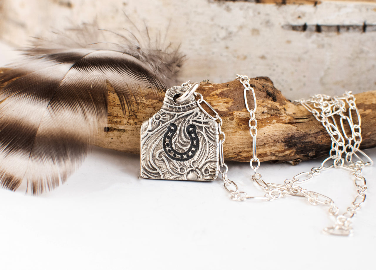 Tiny Cow Ear Tag necklace Stamped Design