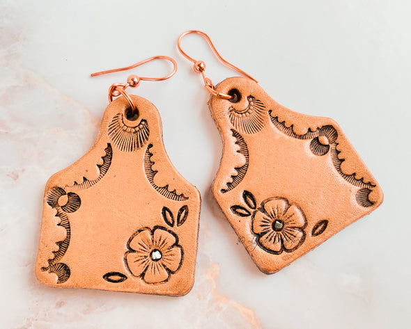 Leather Cow Tag Earrings Floral