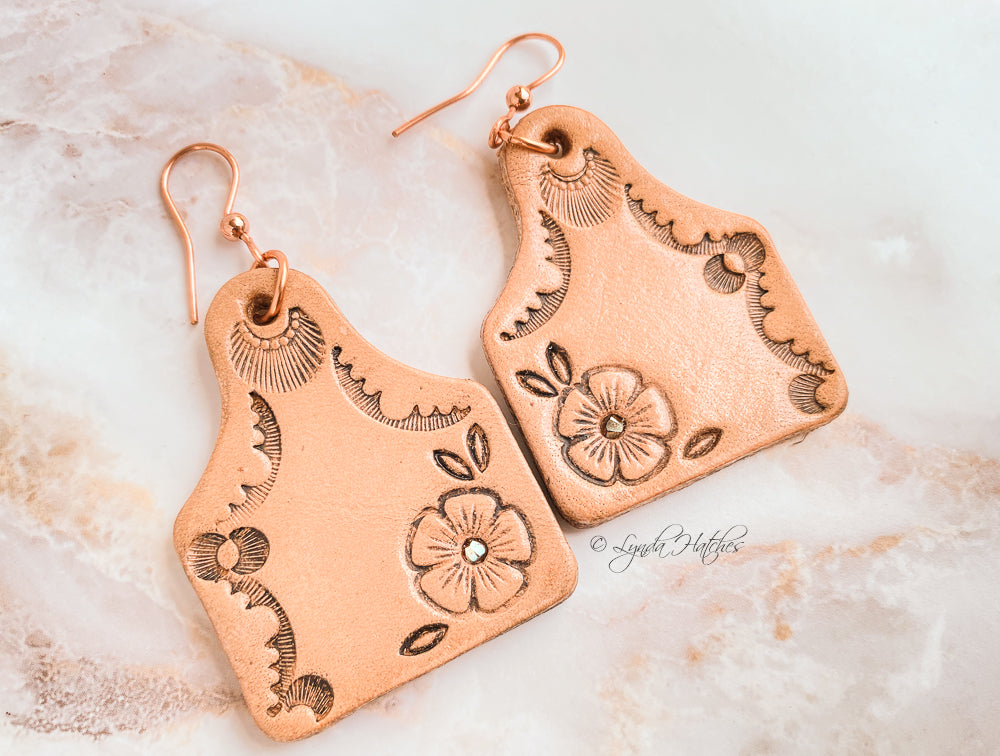 Leather Cow Tag Earrings Floral
