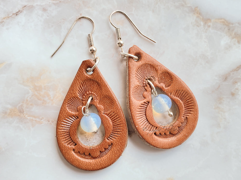 Leather Tear Drop Moonstone Earrings