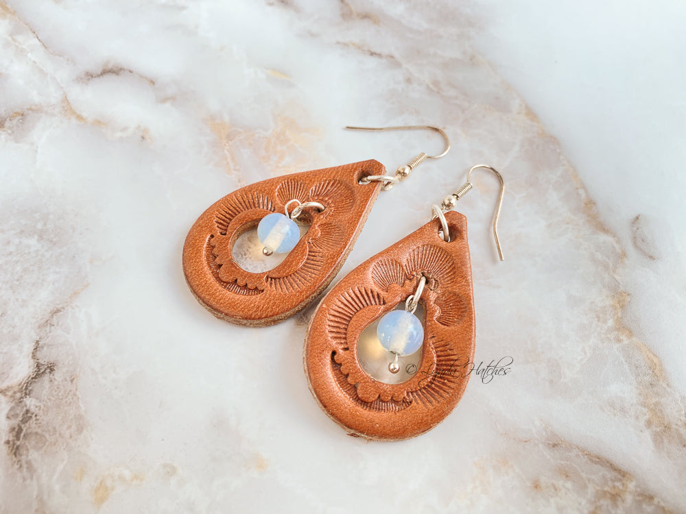 Leather Tear Drop Moonstone Earrings