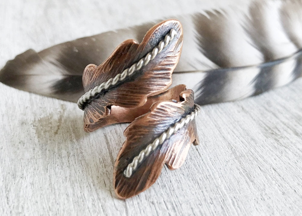 Feather Wrap Ring Copper or Silver