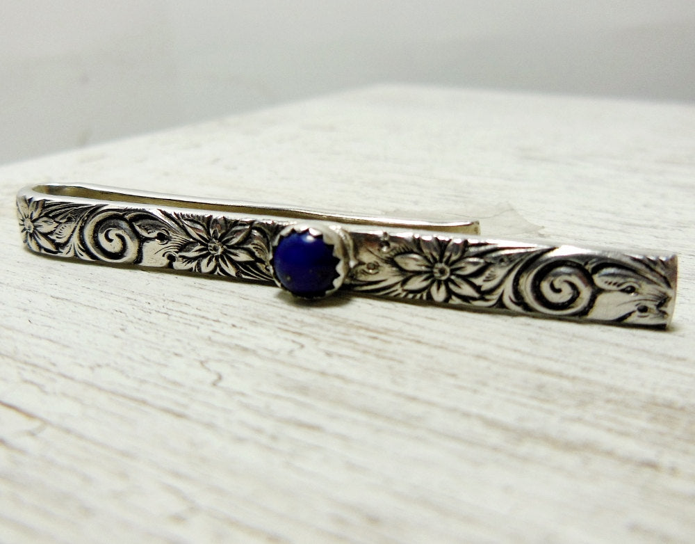 Sterling Tie Clip, Necktie Bar with lapis Lazuli Fathers day, Fancy Tie Bar