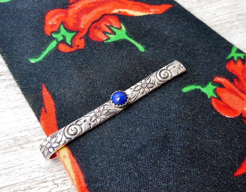 Sterling Tie Clip, Necktie Bar with lapis Lazuli Fathers day, Fancy Tie Bar