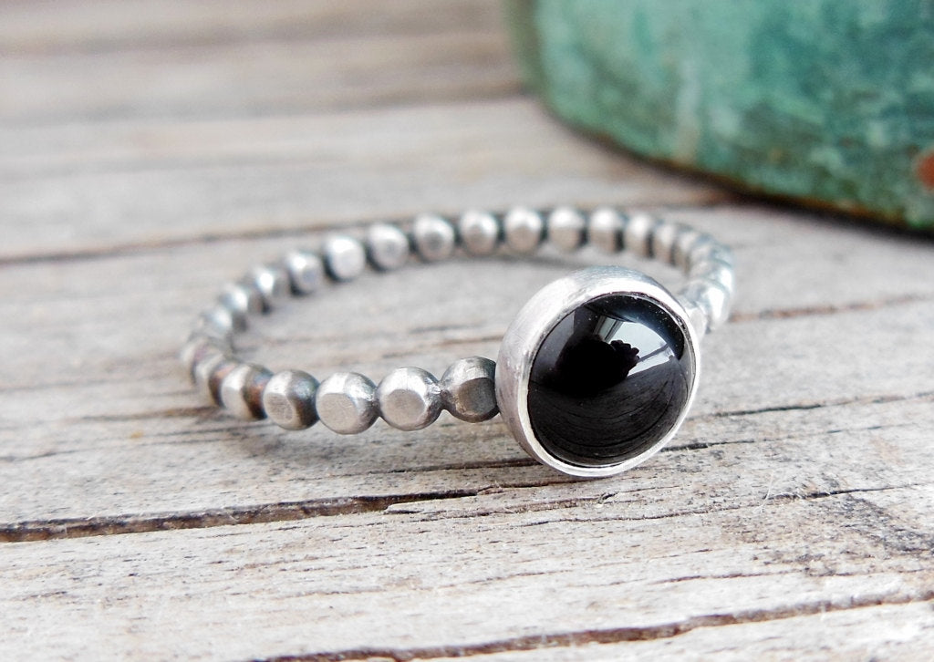Black Onyx stacking Ring - Bead Band