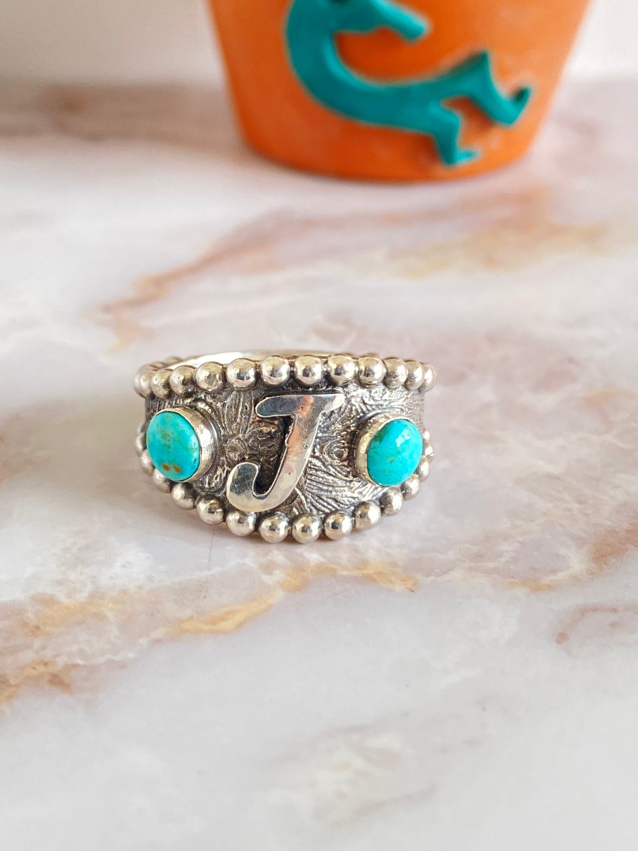 J initial turquoise ring size 8.5